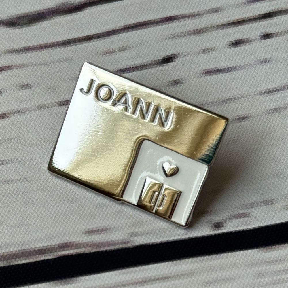 SUPER RARE Joann Fabrics Branded Graphic Silver Metal with White Enamel Pin! NEW
